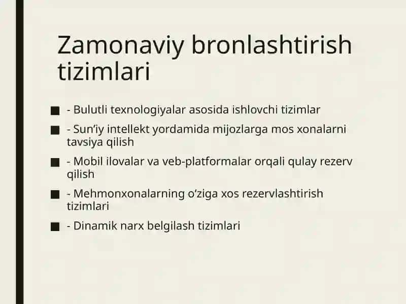 Mehmonxonalarda innovatsion bronlashtirish va rezervlashtirish tizimlari 2