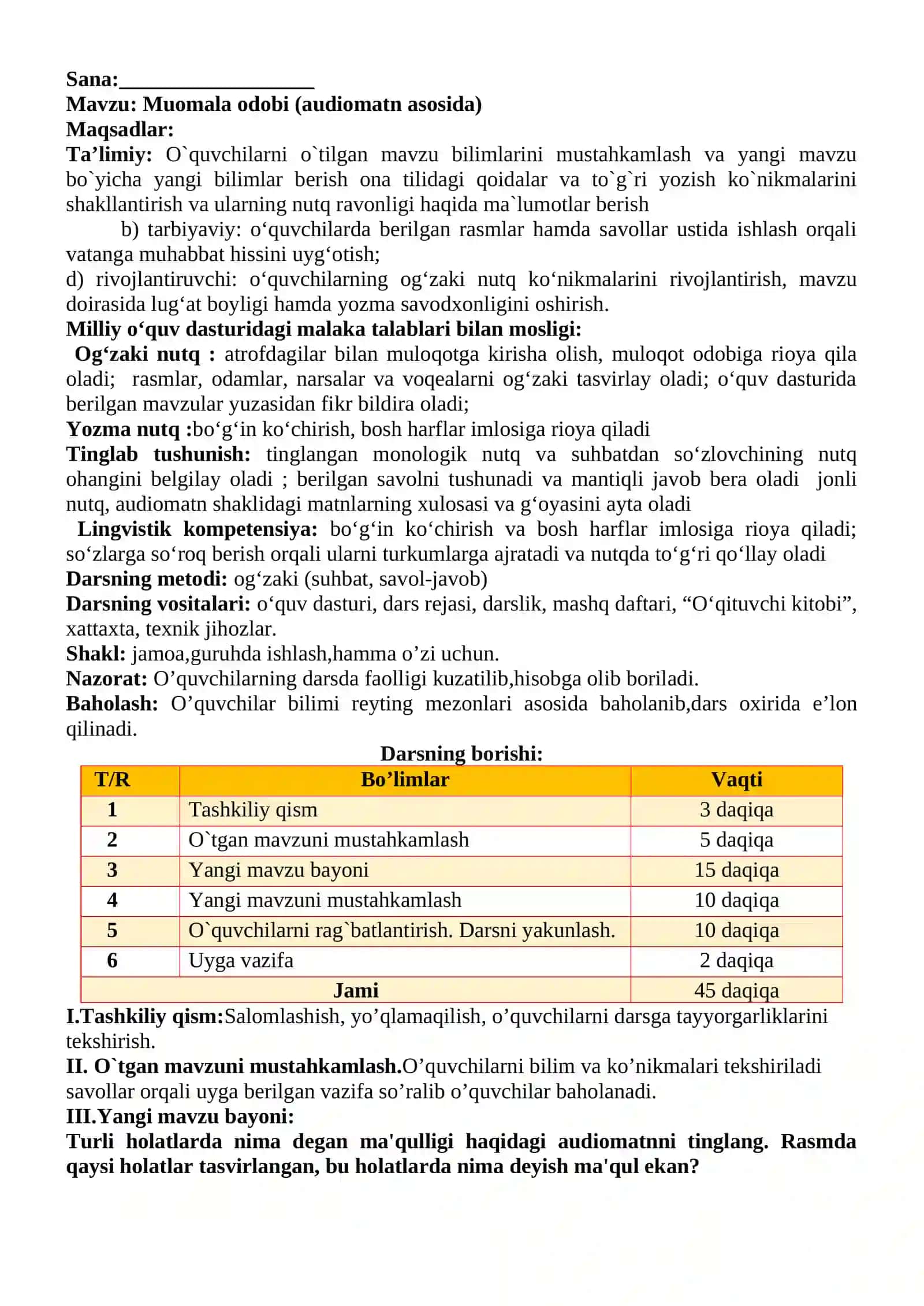 3-sinf Ona tili va o'qish savodxonligi fanidan Muomala odobi (audiomatn asosida) dars ishlanma 2