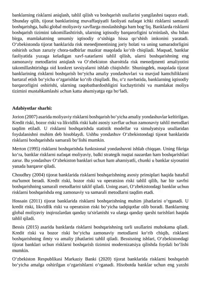 O‘zbekiston tijorat banklarida risk-menedjment amaliyotini takomillashtirish 2