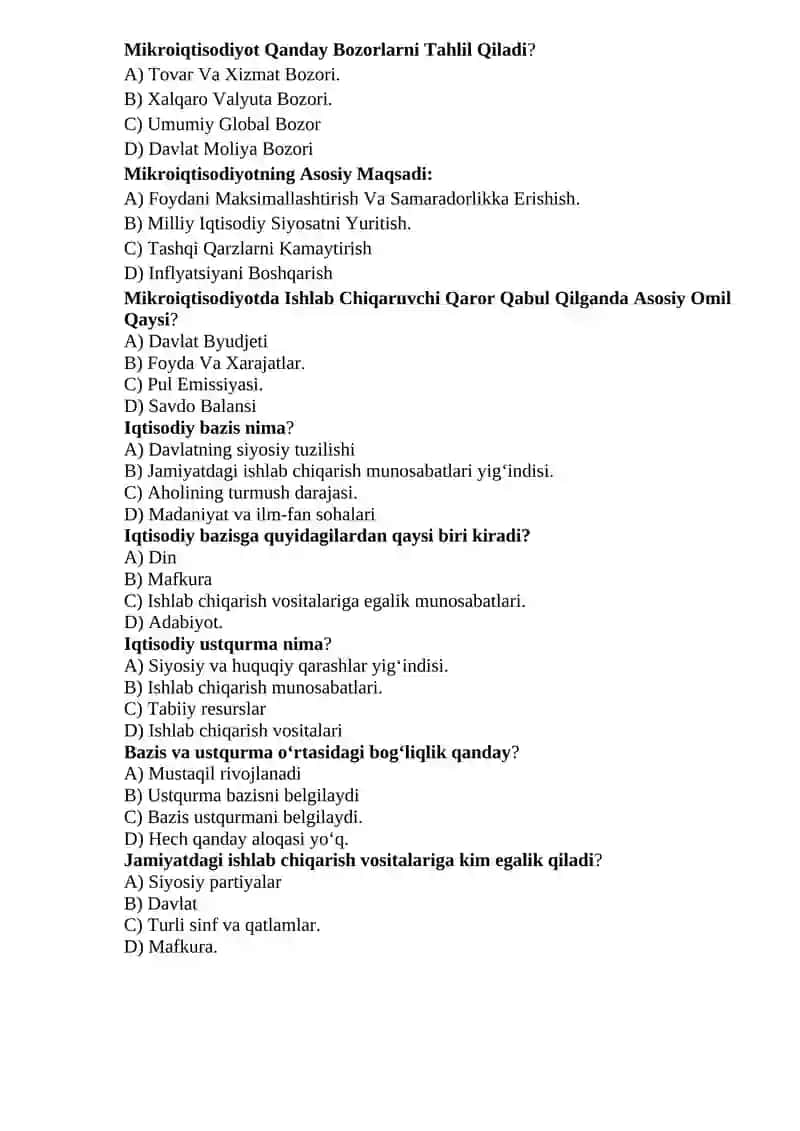 Mikroiqtisodiyot fanidan test savollari 2
