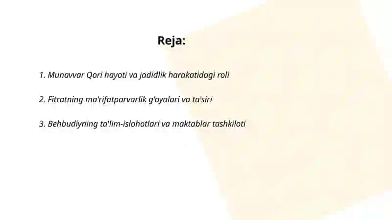 Jadid ma'rifatparvarlarining o'lka ijtimoiy-ma'naviy hayotida tutgan o'rni (Munavvar Qori, Fitrat, Behbudiy, Avloniy va boshqalar) 2