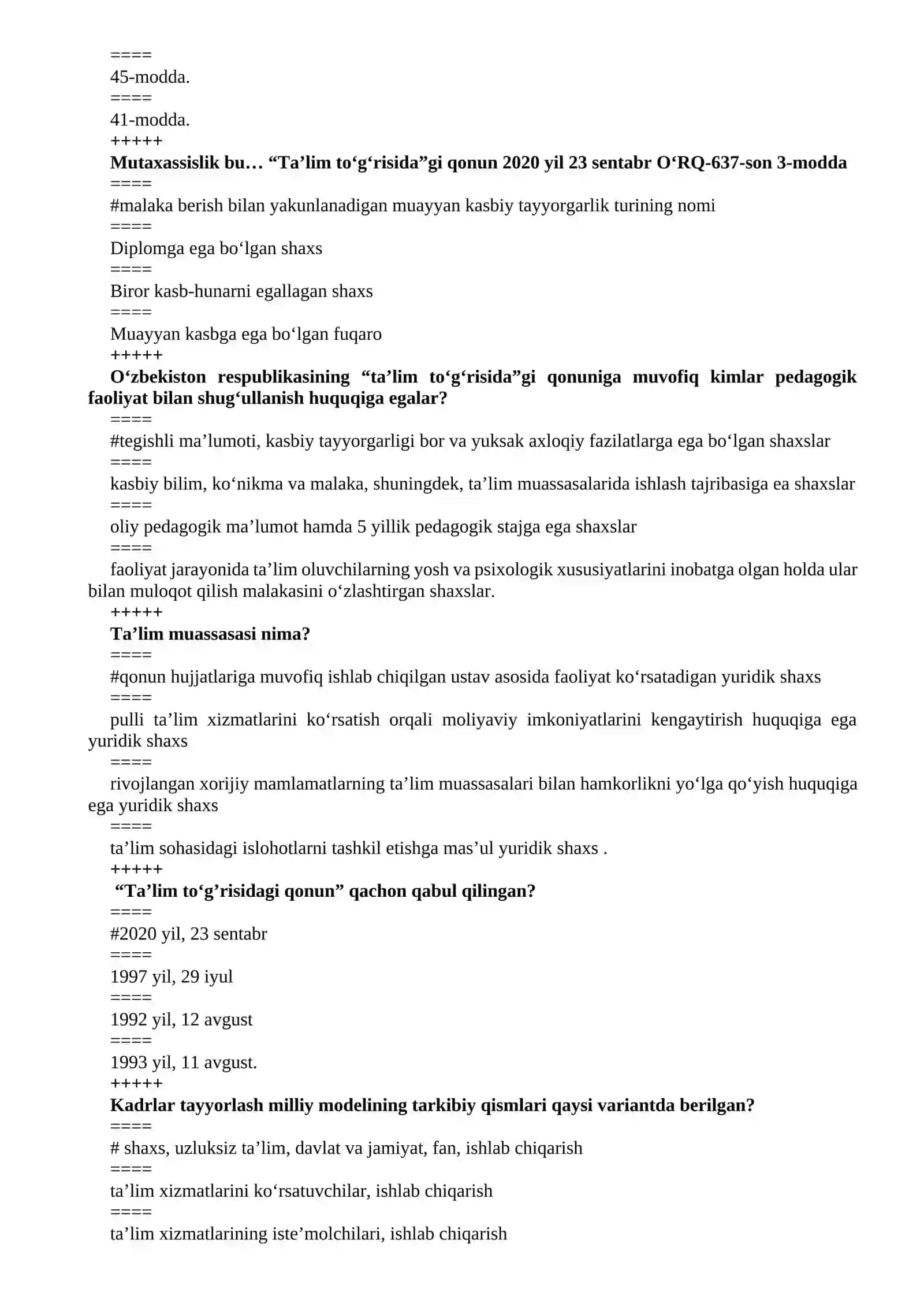 Umumiy pedagogika va psixologiya fanidan test savollari 2