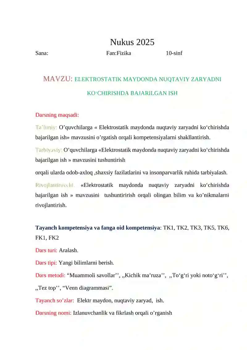 ELEKTROSTATIK MAYDONDA NUQTAVIY ZARYADNI KO‘CHIRISHDA BAJARILGAN ISH 2
