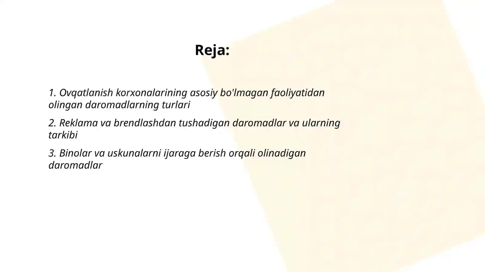 Ovqatlanish korxonalarining asosiy bolmagan faoliyatidan olingan daromadlari va ularning tarkibi 2