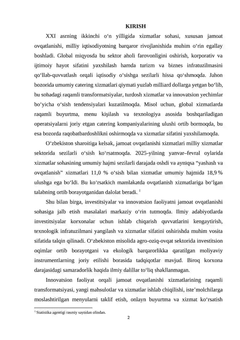 Jamoat ovqatlanishi sohasida investitsiya va innovatsion faoliyatni rivojlantirish yo‘nalishlari 2
