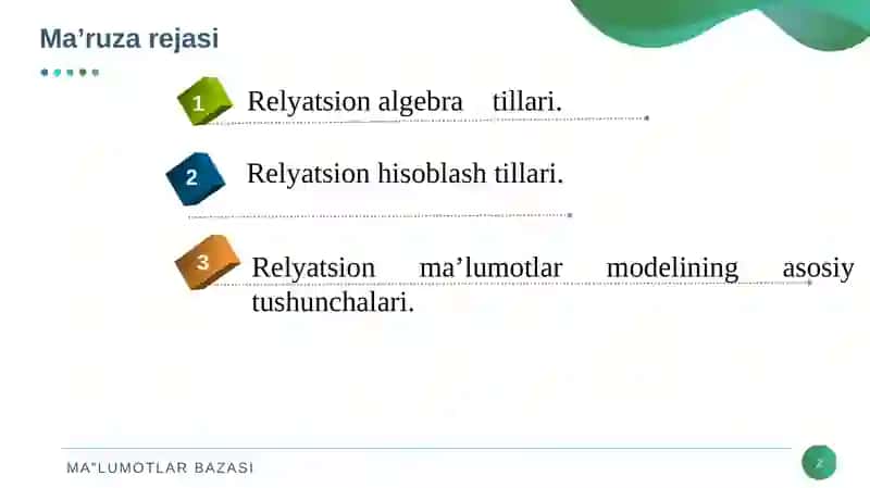 Relyatsion Algebra va Relyatsion Hisoblash Elementlari 2