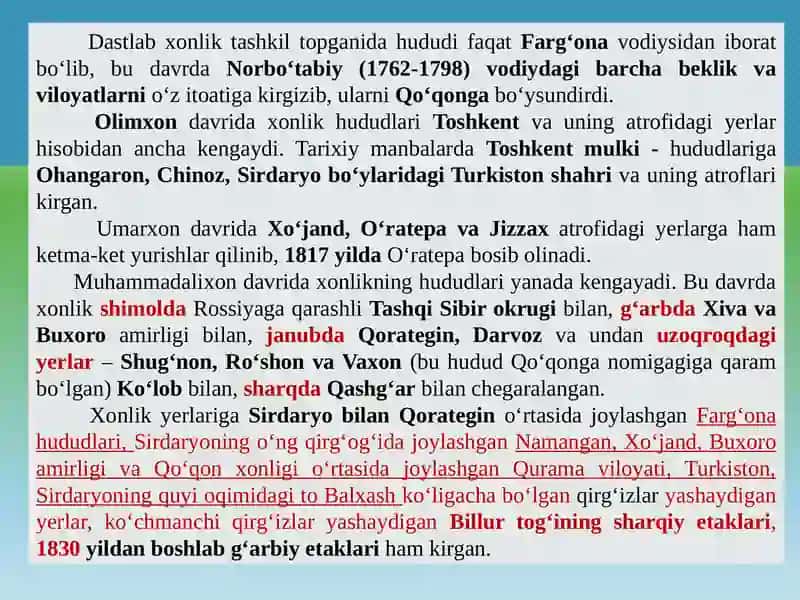 QO‘QON XONLIGINING TASHQI SIYOSATI. QO‘QON XONLIGINING IJTIMOIY-IQTISODIY, MA`DANIY HAYOTI. 2