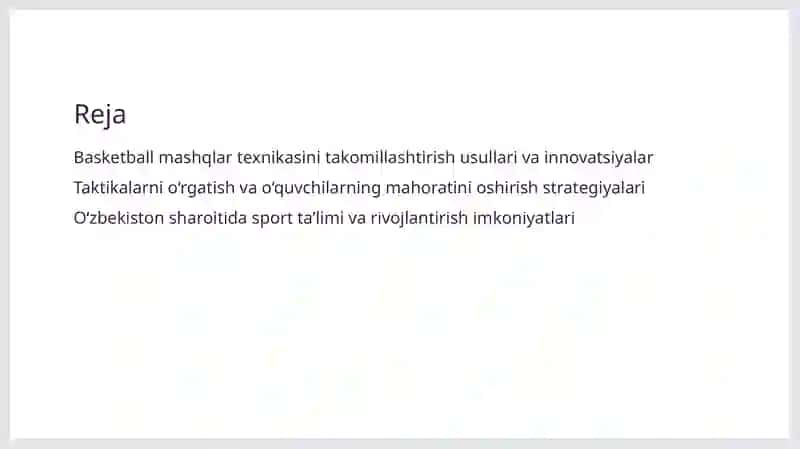 Basketbol o‘yin mashqlar texnikasi va taktikasi usullarini o‘rgatishni takomillashtirish hamda mahoratini oshirish. 2