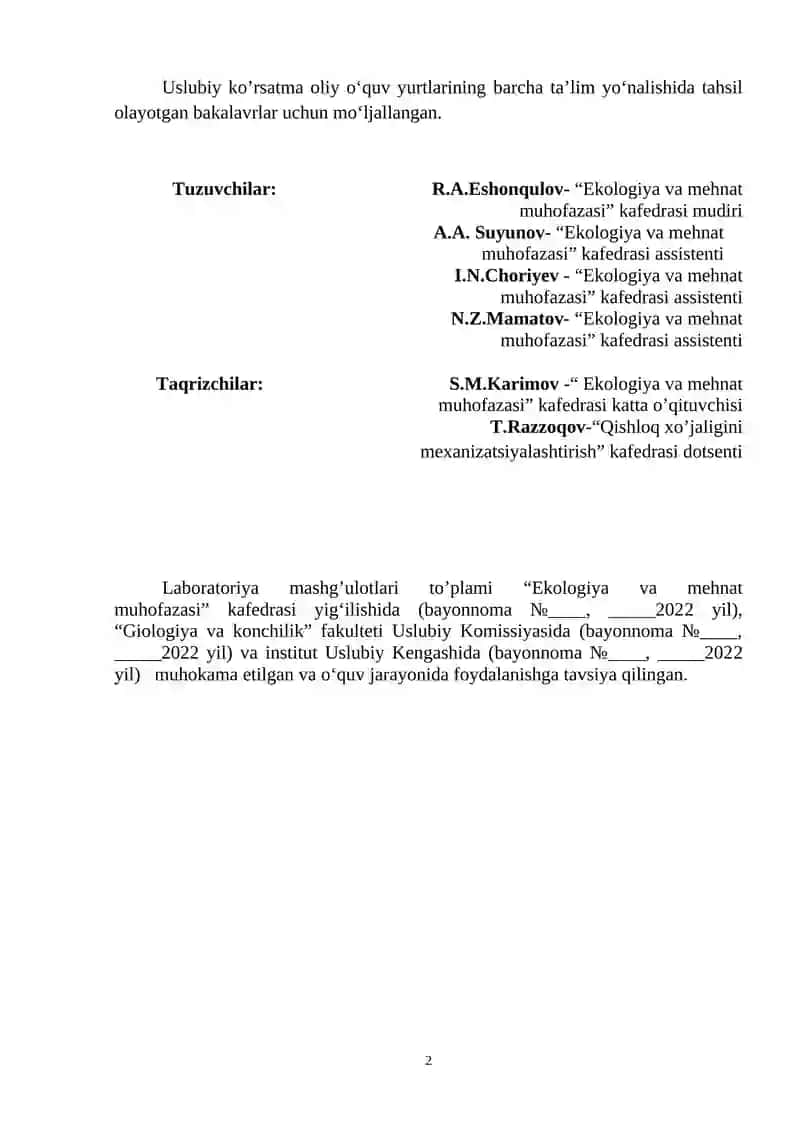 HAYOT FAOLIYATI XAVFSIZLIGI FANIDAN LABORATORIYA MASHG’ULOTLARI TO’PLAMI 2