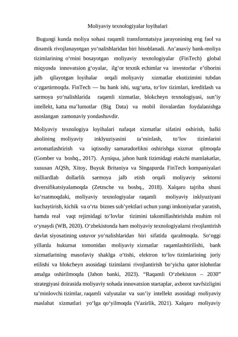 Moliyaviy texnologiyalar (FinTech) loyihalari 2