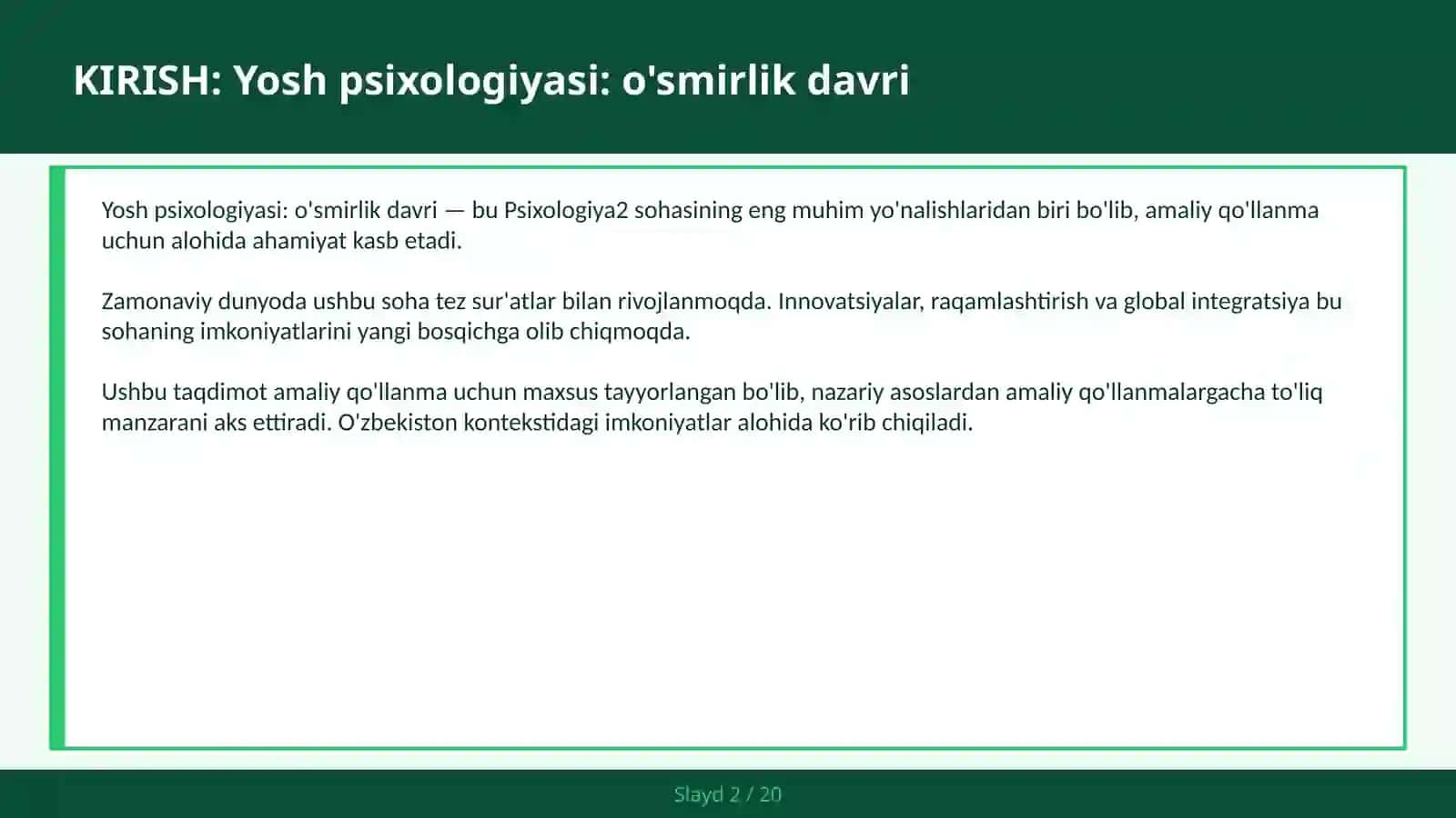 Yosh psixologiyasi: o'smirlik davri 2