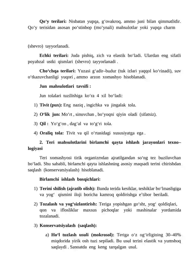 Turli qishloq xoʻjalik hayvonlarining teri va jun mahsulotlarini birlamchi qayta ishlash texnologik jarayoni 2