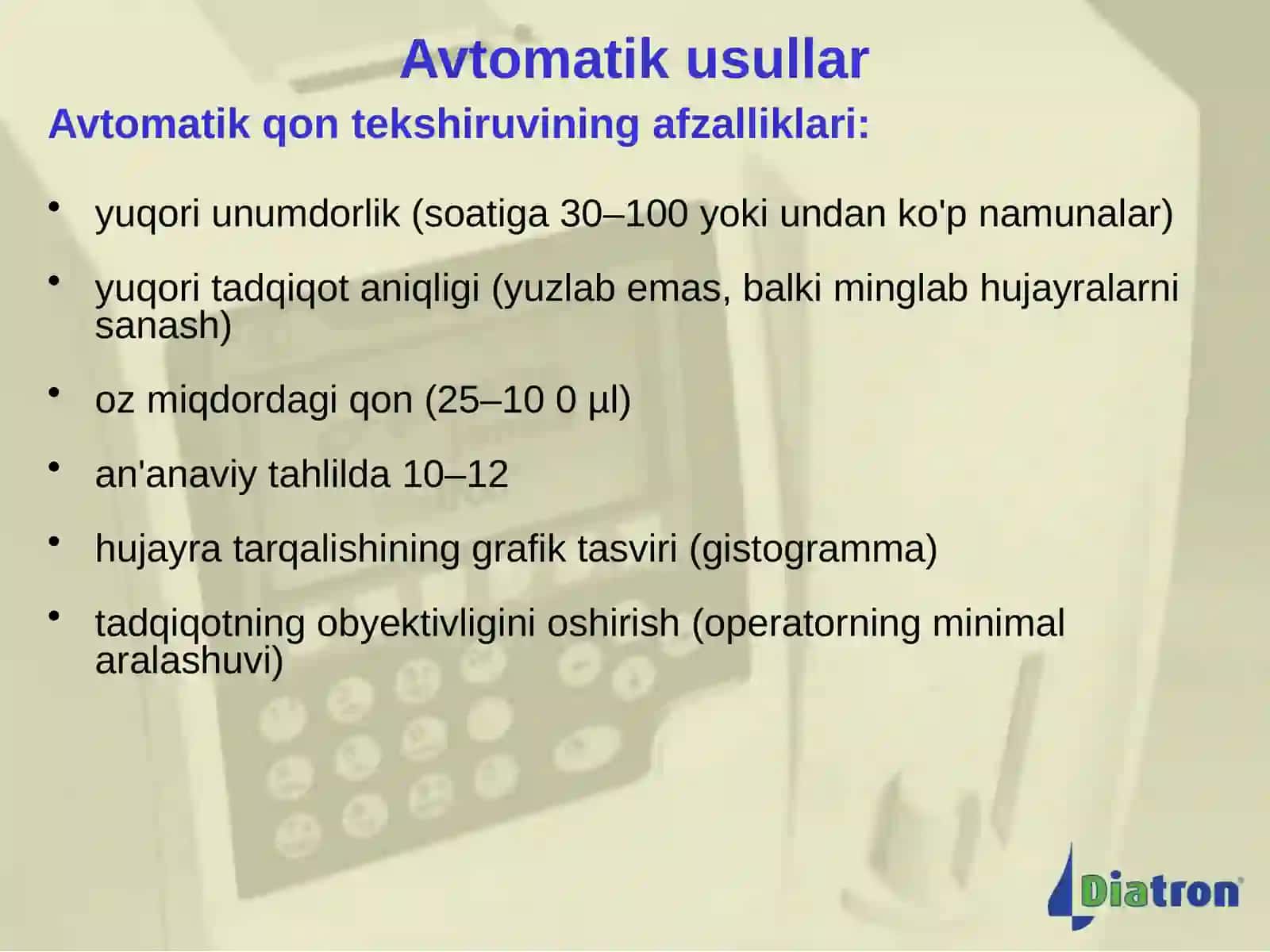 Umumiy qon tahlilini Diatron (Avstriya) gematologiya analizatorlari 2