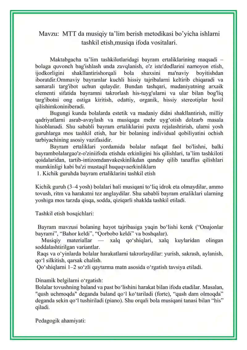 MTT da musiqiy ta’lim berish metodikasi bo’yicha ishlarni tashkil etish,musiqa ifoda vositalari. 2