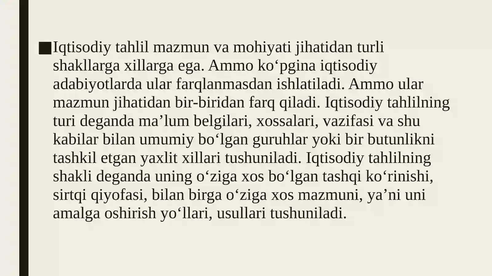 MAVZU:Kompyuterlashtirish darajasi bo‘yicha, ijtimoiy- iqtisodiy jarayonlarni o‘rganish bo‘yicha, o‘rganilayotgan ob’ektni qamrab olish darajasiga ko‘ra tahlil turlari va ularning tavsifi 2
