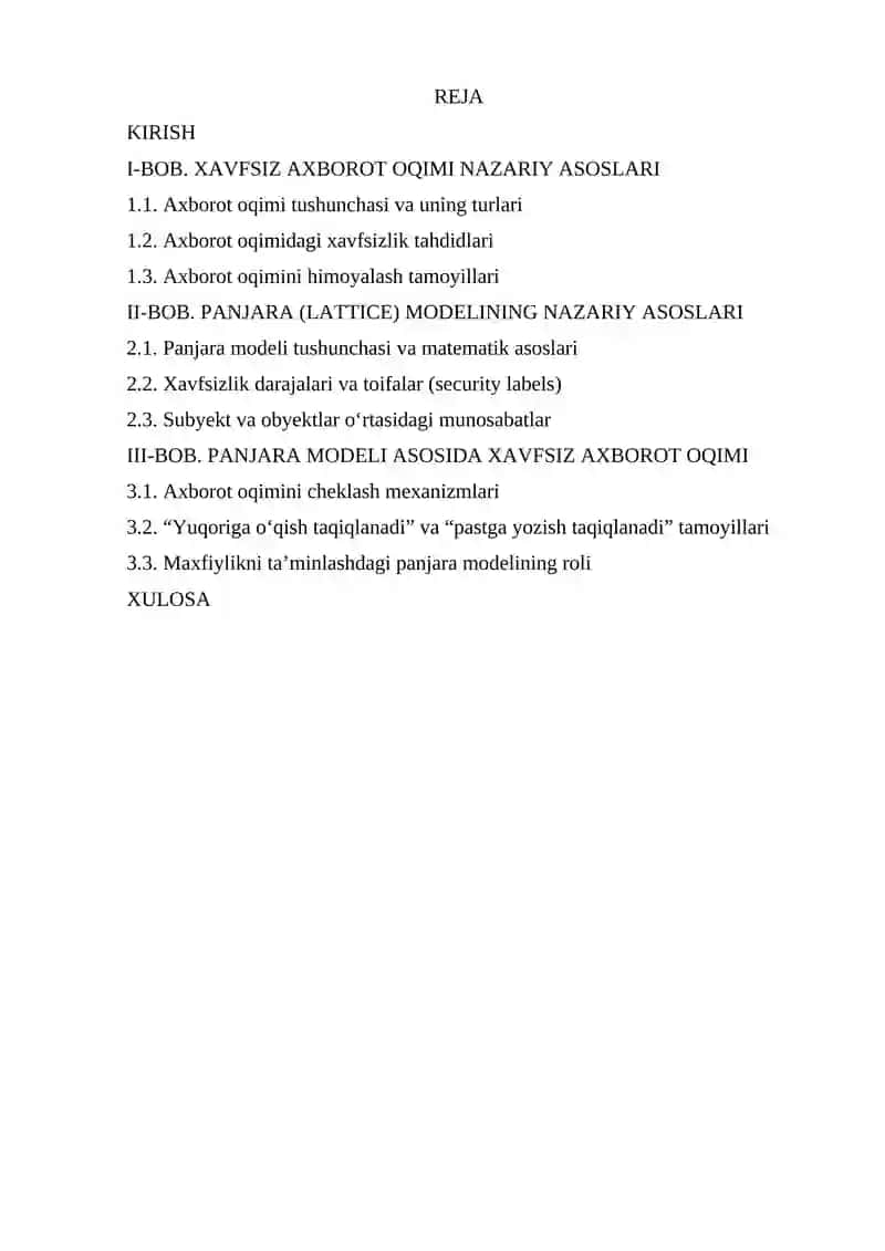 Xavfsiz axborot oqimining panjara modeli. 2