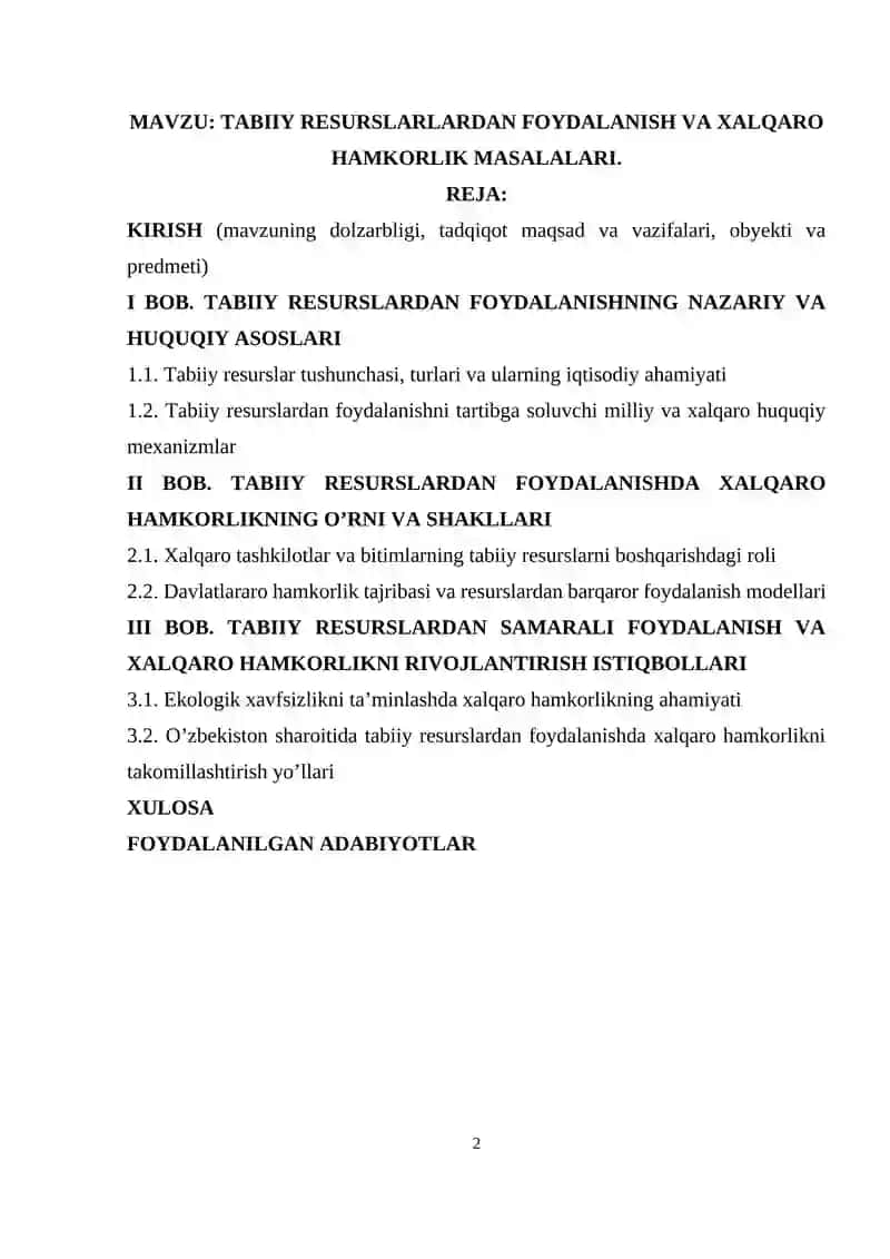 TABIIY RESURSLARDAN FOYDALANISH VA XALQARO HAMKORLIK MASALALARI 2