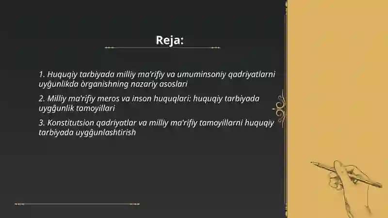 Huquqiy tarbiyada milliy ma'rifiy va umuminsoniy qadriyatlarni uyĝunlikda òrganish 2