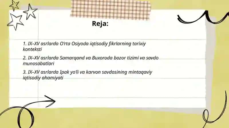 IX-XV asrlarda O'rta Osiyodagi iqtisodiy fikrlar.XIX asr o'rtalarida nomayondalar: Senior, BastiviyaMak-Kulloh va Kerilarning iqtisodiy qarashlarini tahlil qilish 2