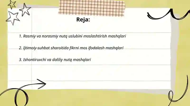 Fikrni turli nutqiy sharoit va vaziyatga mos ifodalsh mashqlarini ishlab chiqish 2