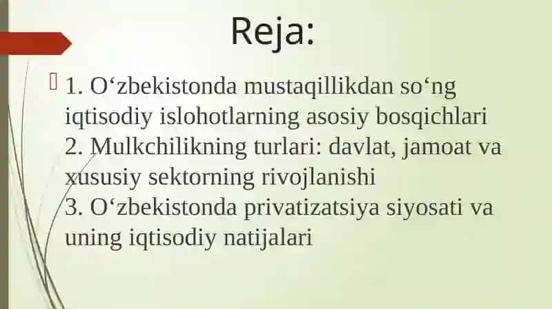 IQTISODIY ISLOHOTLAR XUSUSIY, MULKCHILIKNING RIVOJLANISHI.OʻZBEKISTONDABOZOR MUNOSABATLARINING RIVOJLANISHI 2