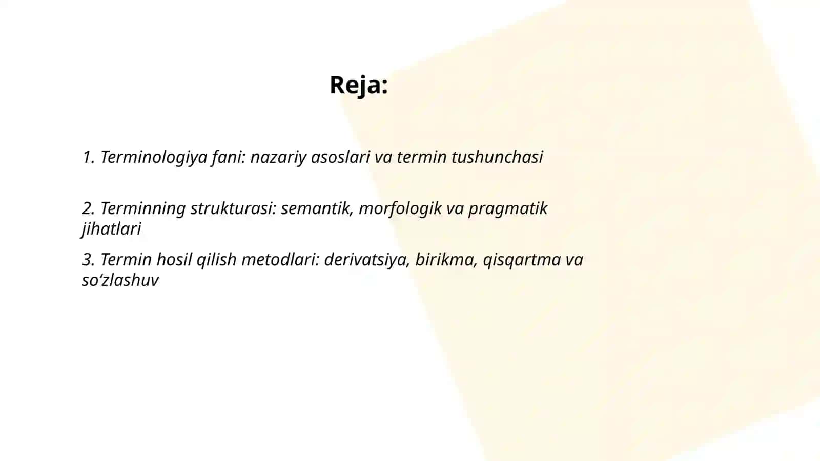 Soʻz va termin. Terminologiya fani va using rivojlanshi. Mutaxasislikka doir terminlar ustida ishlash 2