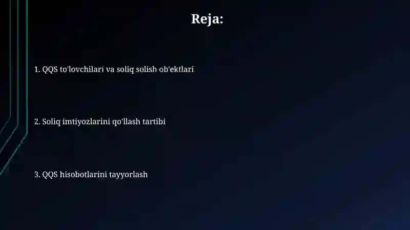 QQS to'lovchilar, soliq solish obyektlari, soliq imtiyozlarini qo'llash, hisobotni tuzish 2