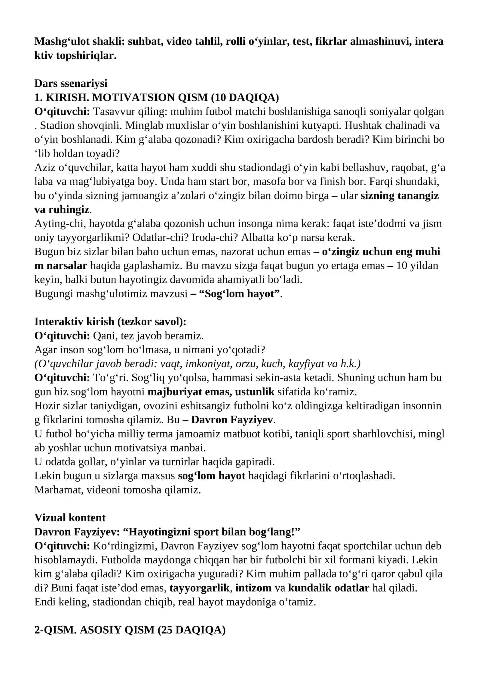 Kelajak soati darsining 9-11-sinflar uchun mashg'ulot senariysi 2