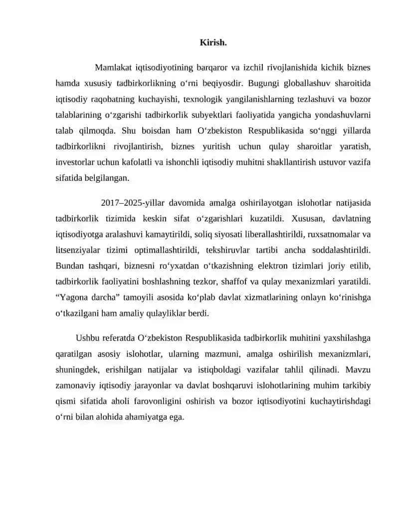 Oʻzbekistonda tadbirkorlik muhitini yaxshilashga qaratilgan islohotlar 2