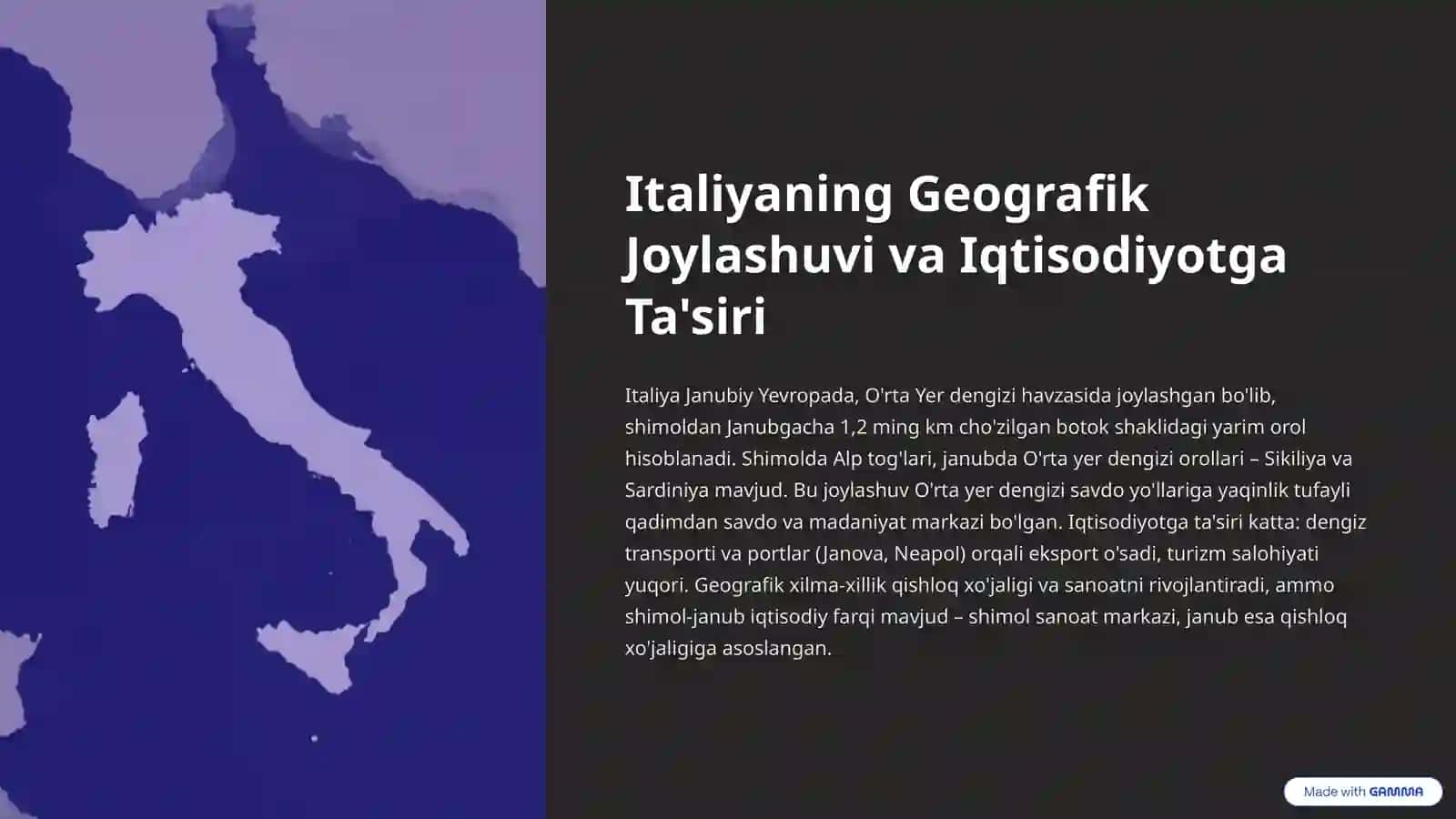 "Made in Italy": Iqtisodiy, Geografik va Turistik Tavsif 2