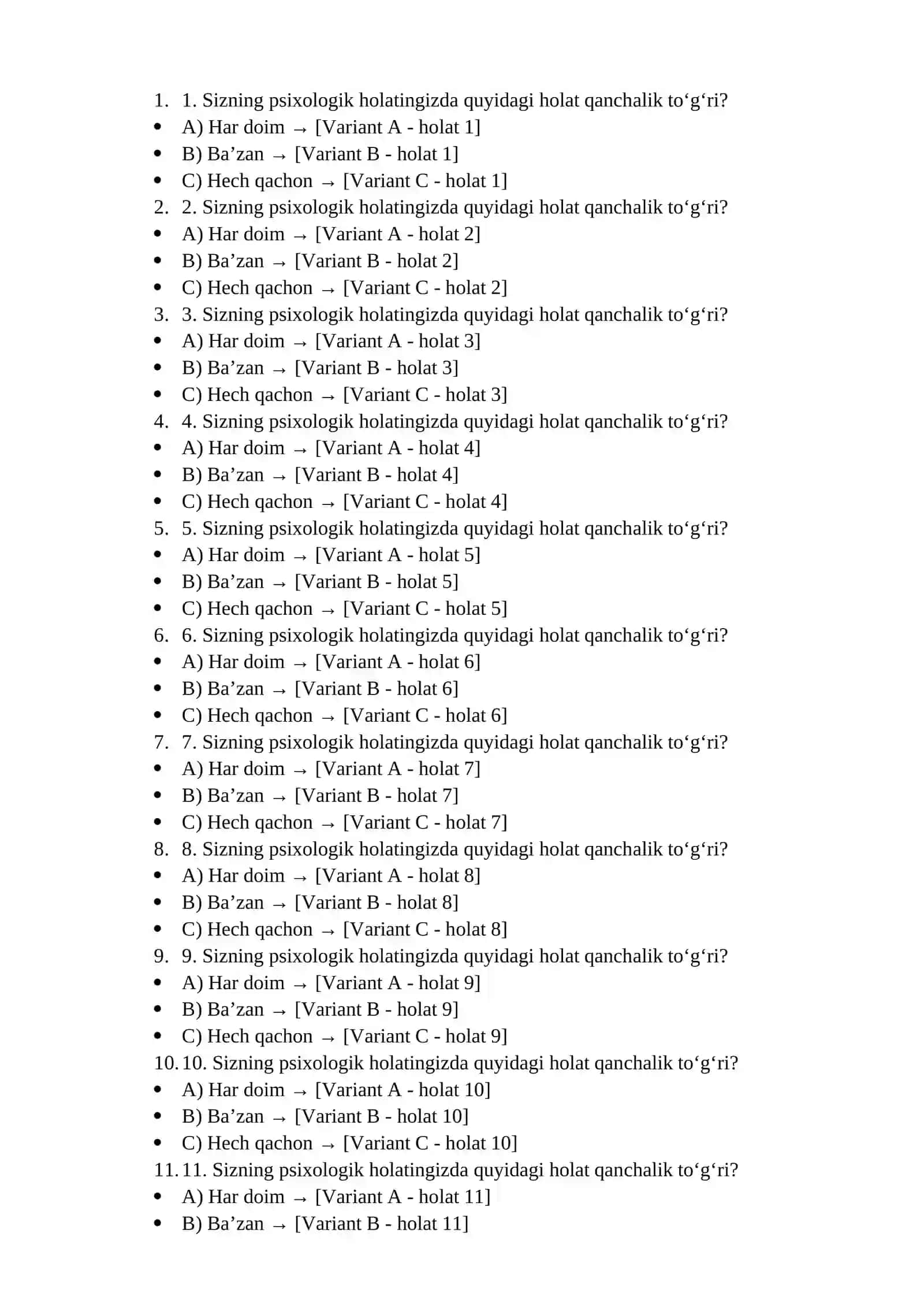 Harbiy xizmatga kirivchilar uchun psixologik testlar to`plami javoblari bilan 2026-yil test markazi 2