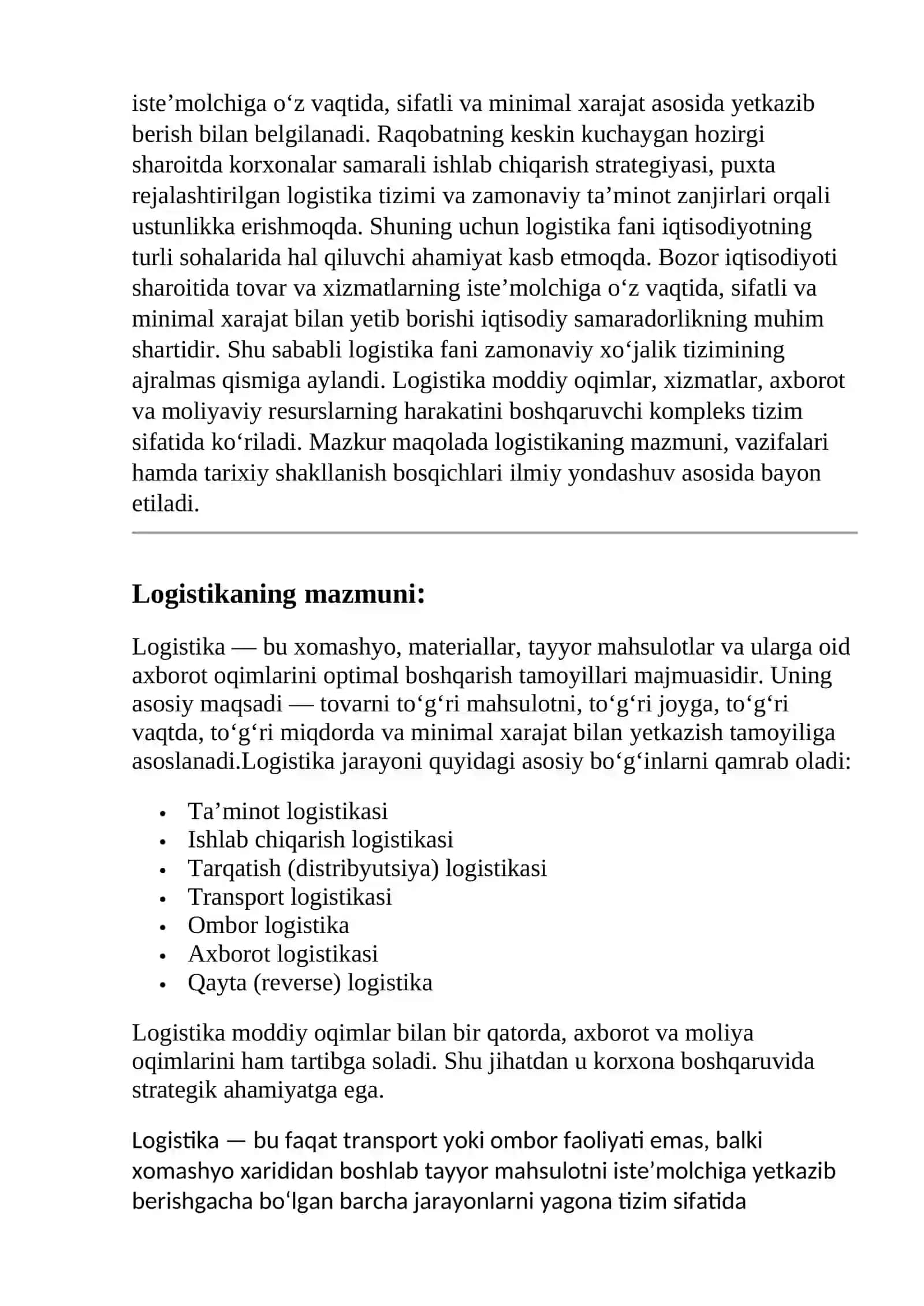 Logistikaning mazmuni, vazifalari va rivojlanish tarixi 2