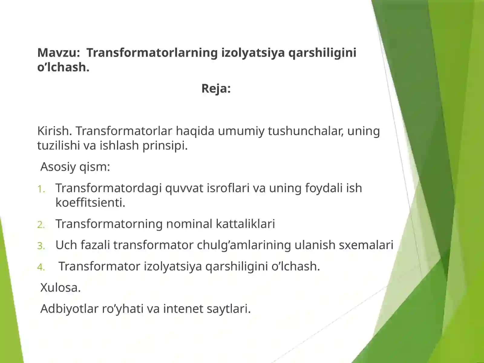 Transformatorlarning izolyatsiya qarshiligini o’lchash 2