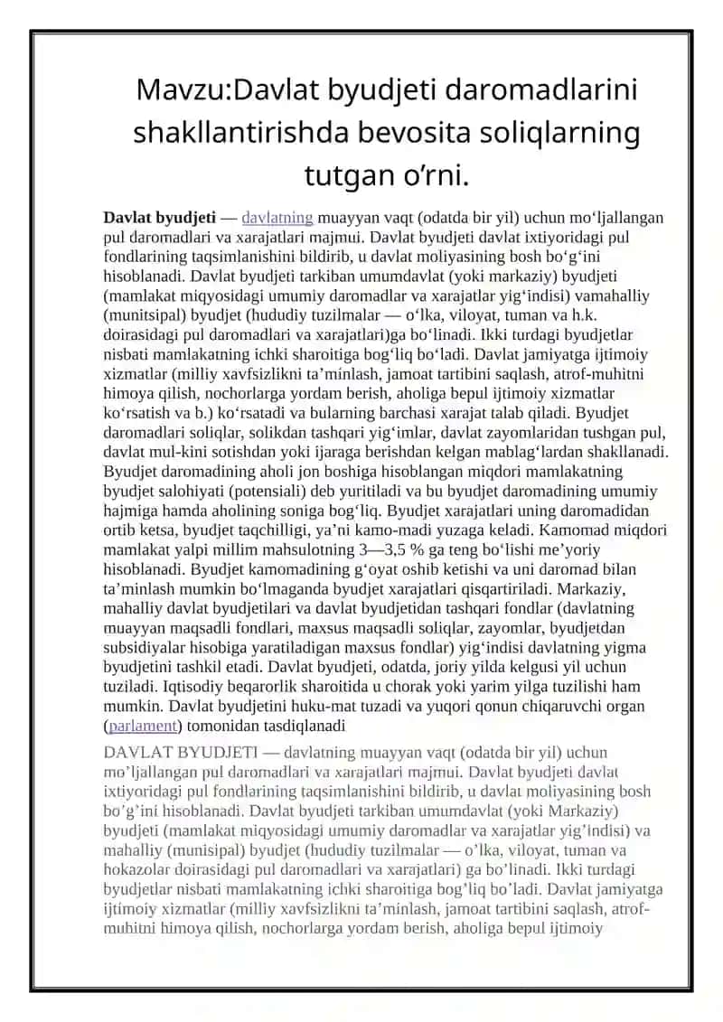 Davlat byudjeti daromadlarini shakllantirishda bevosita soliqlarning tutgan o’rni 2