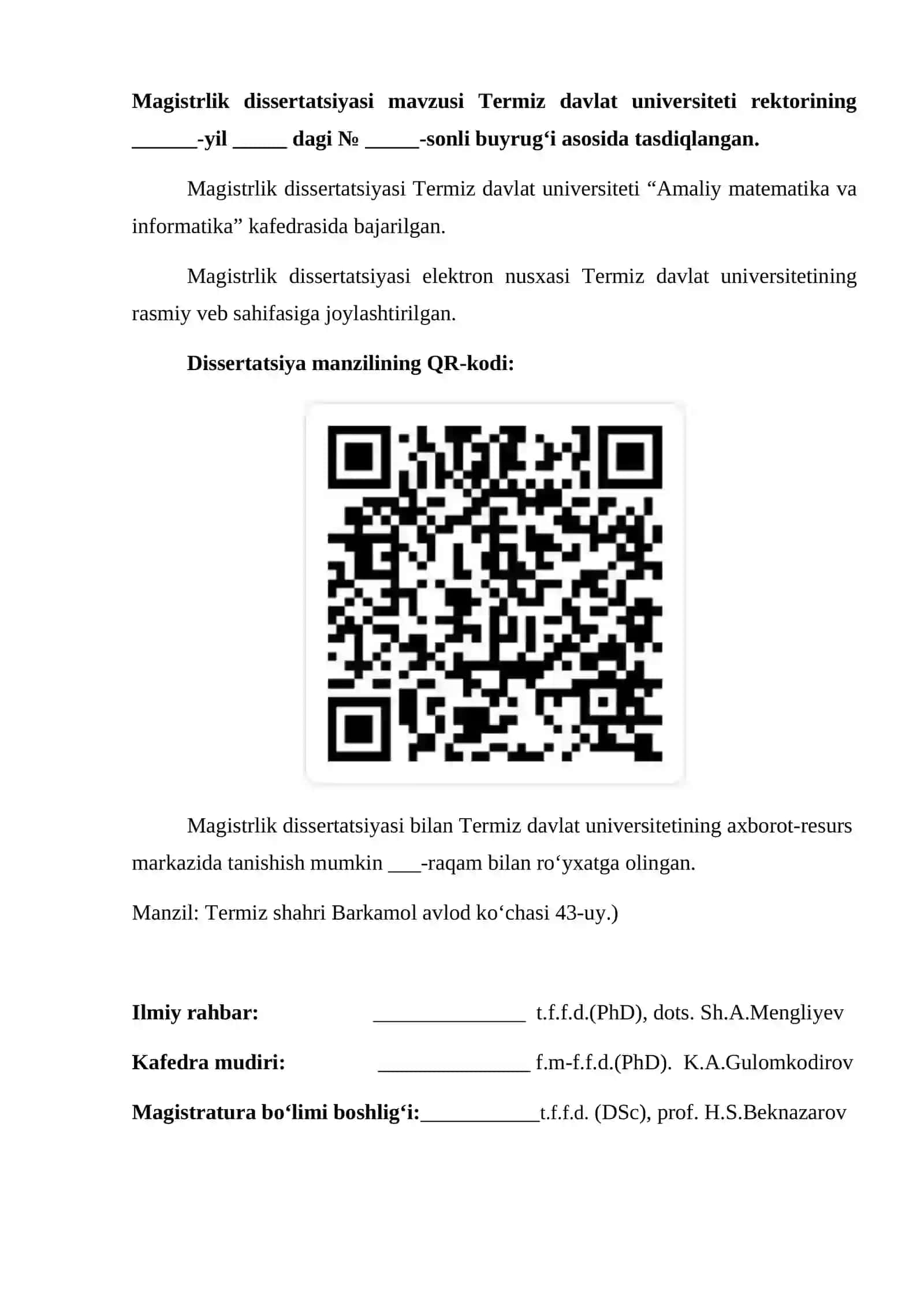 MAGISTRLIK DISSERTATSIYASI MAVZUSI 2