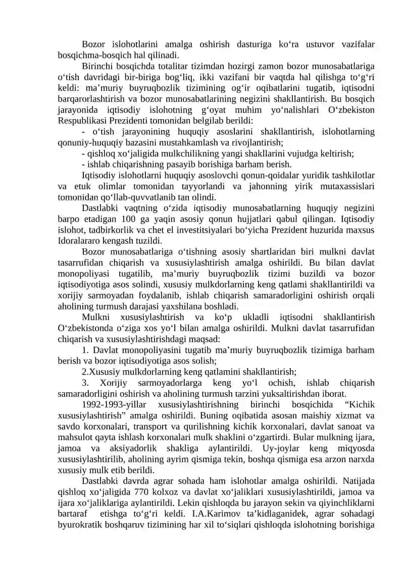 Bozor munosabatlarini shakllantirilishi uning yo’nalishlari, bosqichlari va hususiyatlari 2