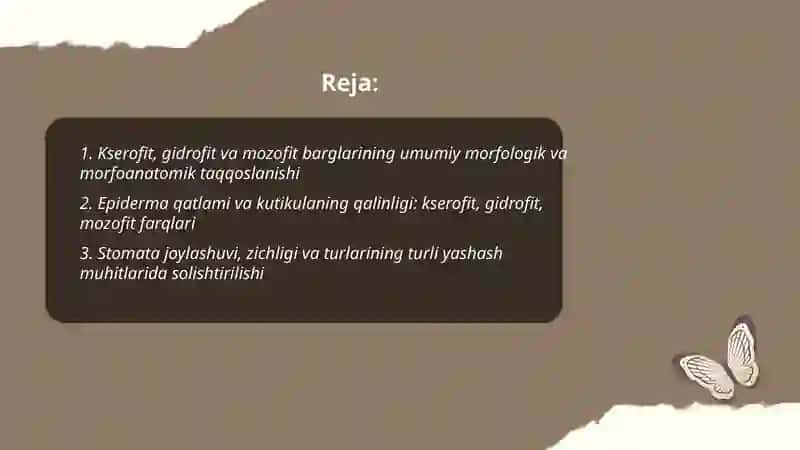 Turli yashash muhitidagi kserofit,gidrofit,mozofit barglarining tuzilishini solishtirish 2