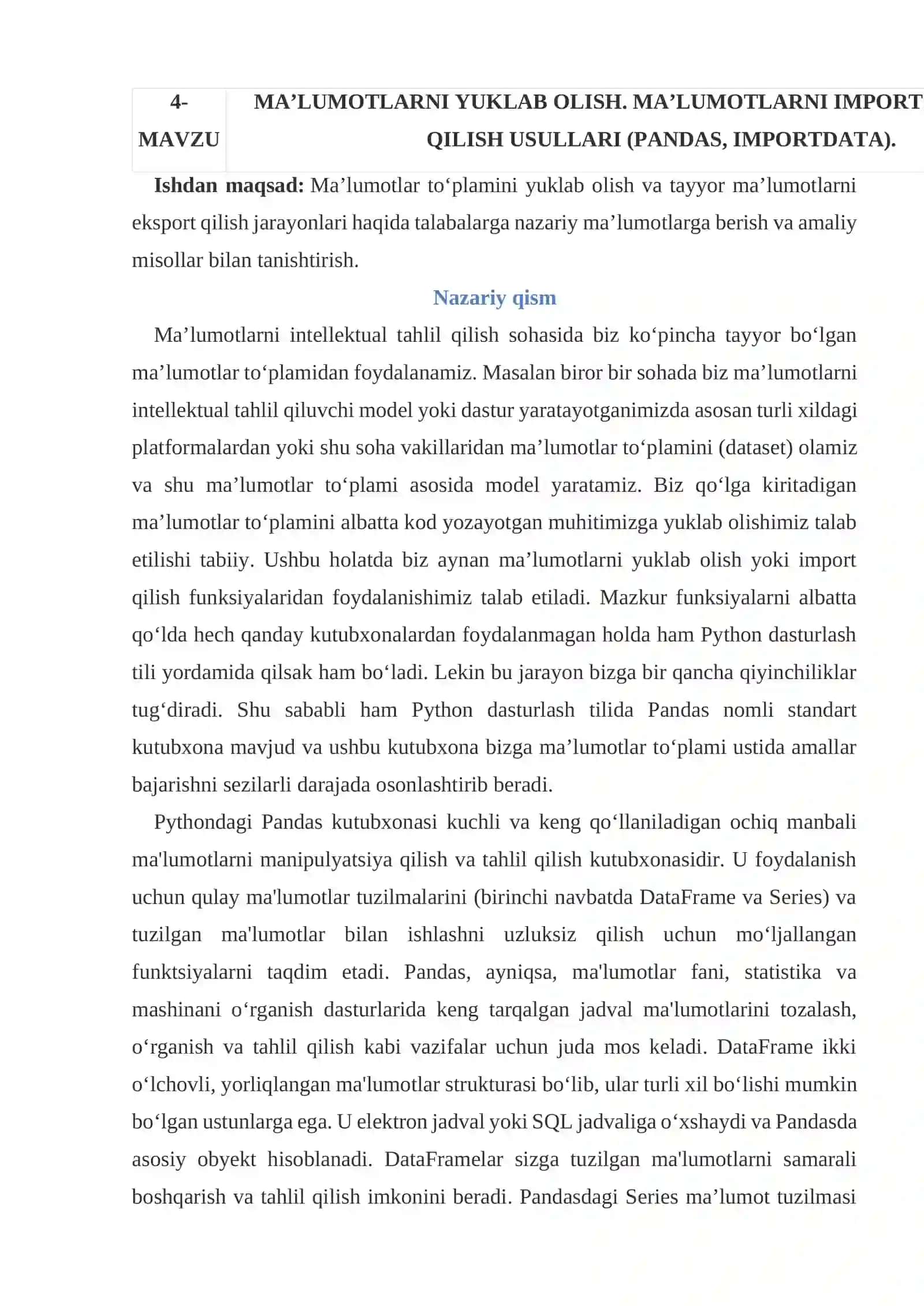 MA’LUMOTLARNI YUKLAB OLISH. MA’LUMOTLARNI IMPORT VA EKSPORT QILISH USULLARI (PANDAS, IMPORTDATA) 2