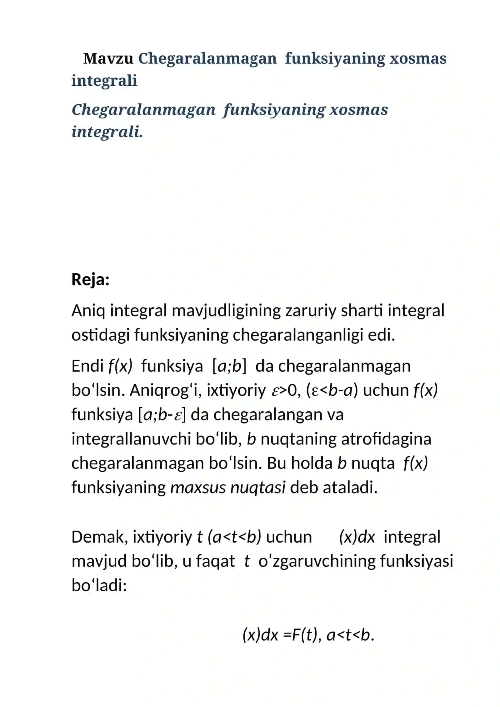 Chegaralanmagan funksiyaning xosmas integrali 2