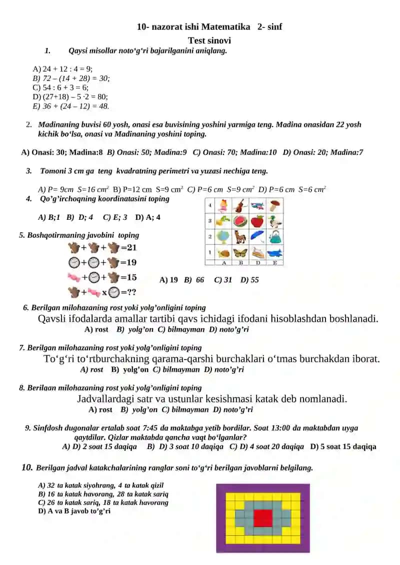 10- nazorat ishi Matematika 2- sinf 2