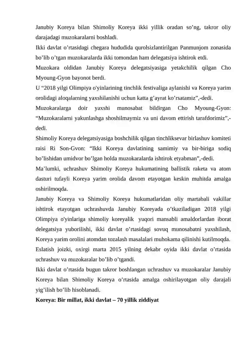 SHIMOLIY VA JANUBIY KOREYA MUNOSABATLARIDAGI ZIDDIYATLAR 2
