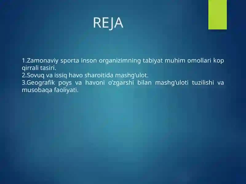 O’RTA,YUQORI, TOG’ VA SUN’IY GIPOKSIYA SHAROITLARIDA SPORTCHILARNI TAYYORLASHTIZIMI 2