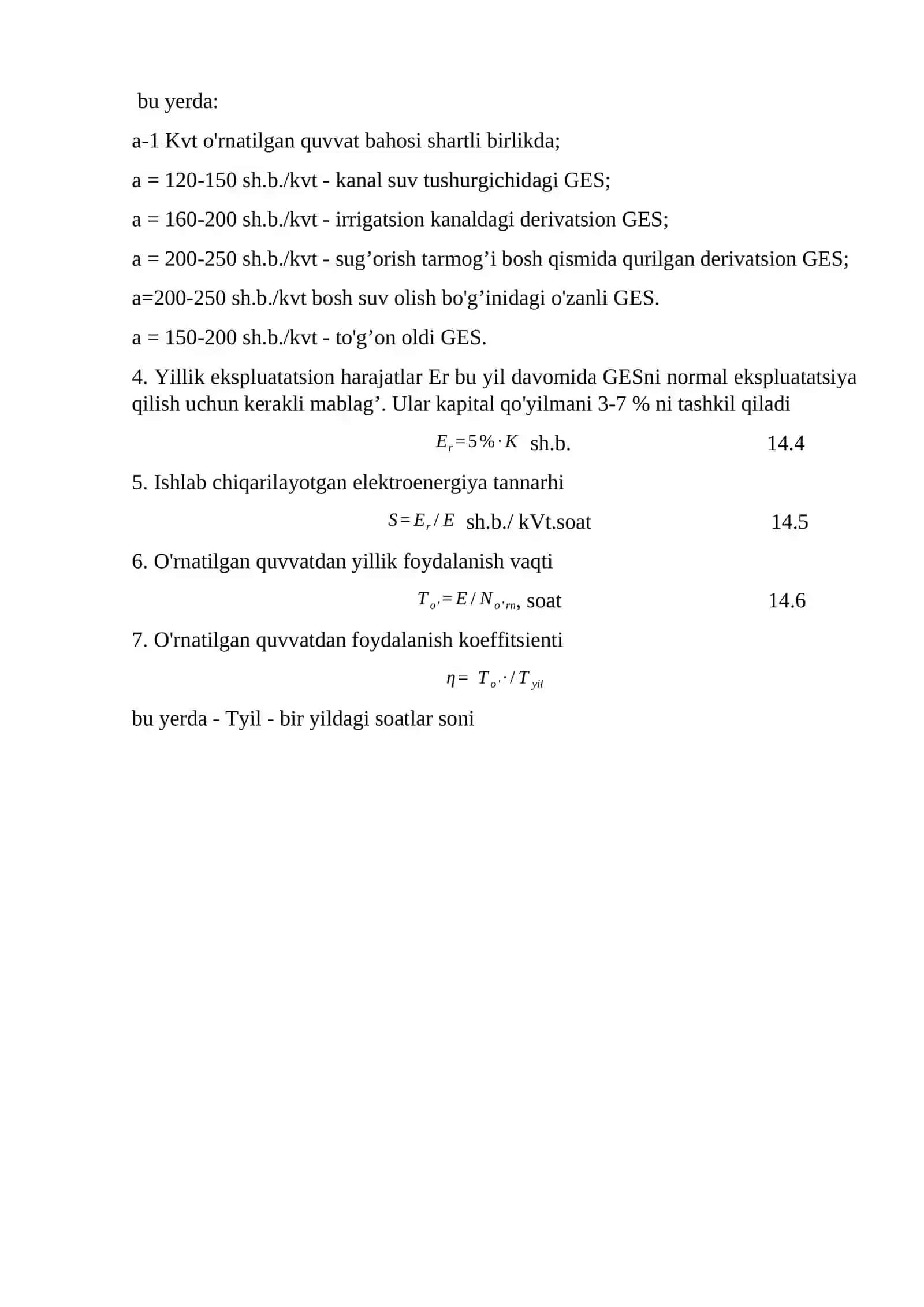 GESlarning yiriklashtirilgan texnik-iqtisodiy ko’rsatgichlari 2