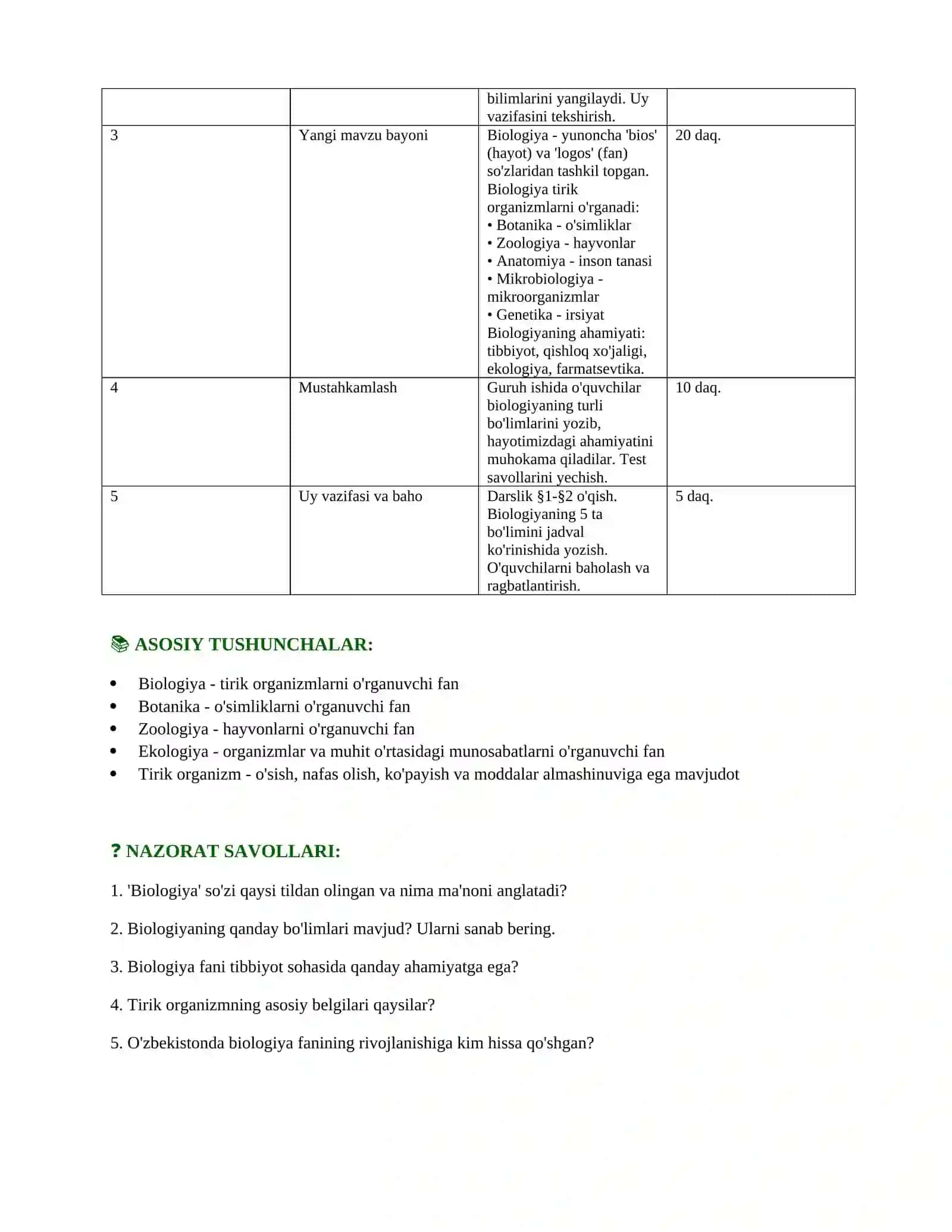 Biologiya dars ishlanma 7 sinf 2