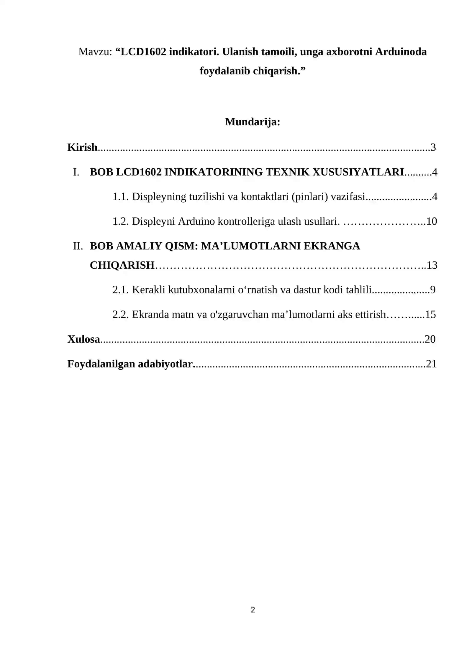 “LCD1602 indikatori. Ulanish tamoili, unga axborotni Arduinoda foydalanib chiqarish.” 2