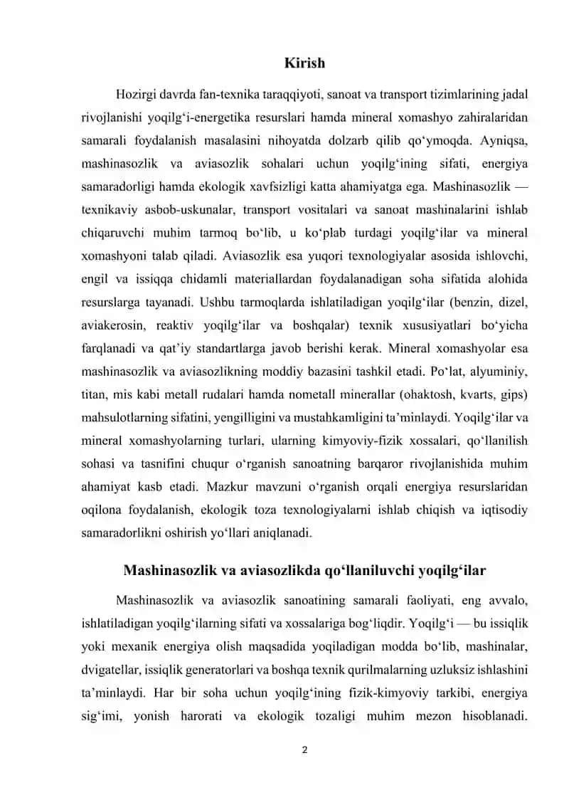 Mashinasozlik va aviasozlikda qo'llaniluvchi yoqilg'ilarni mineral xomashyolarni umumiy tasnifi 2