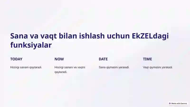EkZEL DASTURIDA SANA VA VAQTGA OID FUNFSIYALAR 2