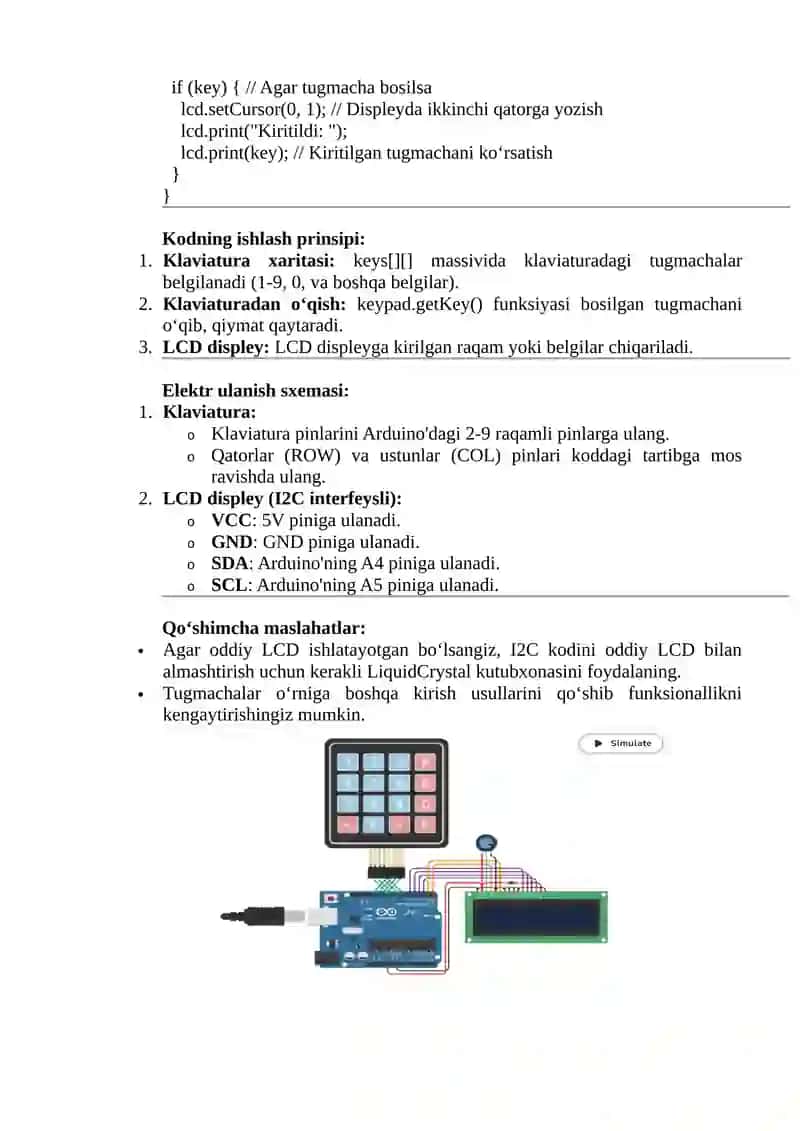 4x4 klaviatura va LCD displey yordamida raqamlarni o‘qish va ko‘rsatish (O‘zbek tilida) 2