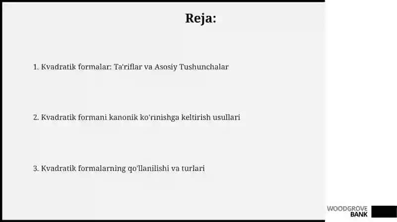 Kvadrat forma va uni kanonik ko’rinishga keltirish 2
