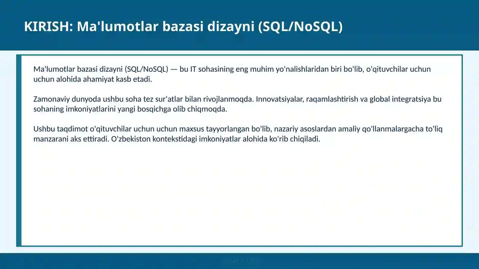 Ma'lumotlar bazasi dizayni (SQL/NoSQL) - PostgreSQL, MongoDB va normalizatsiya — o'qituvchilar uchun 2